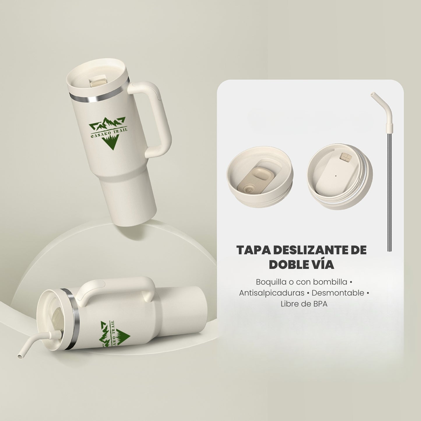 Tumbler térmico 1,2 L con asa y bombilla Trail acero inoxidable Marfil Starlight