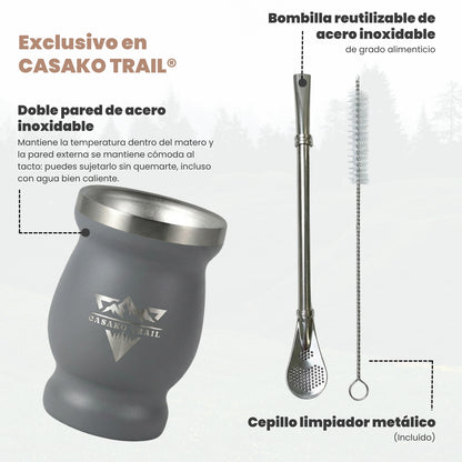 Vaso matero térmico 240 ml con bombilla acero inoxidable Set de 2 Gris Granito