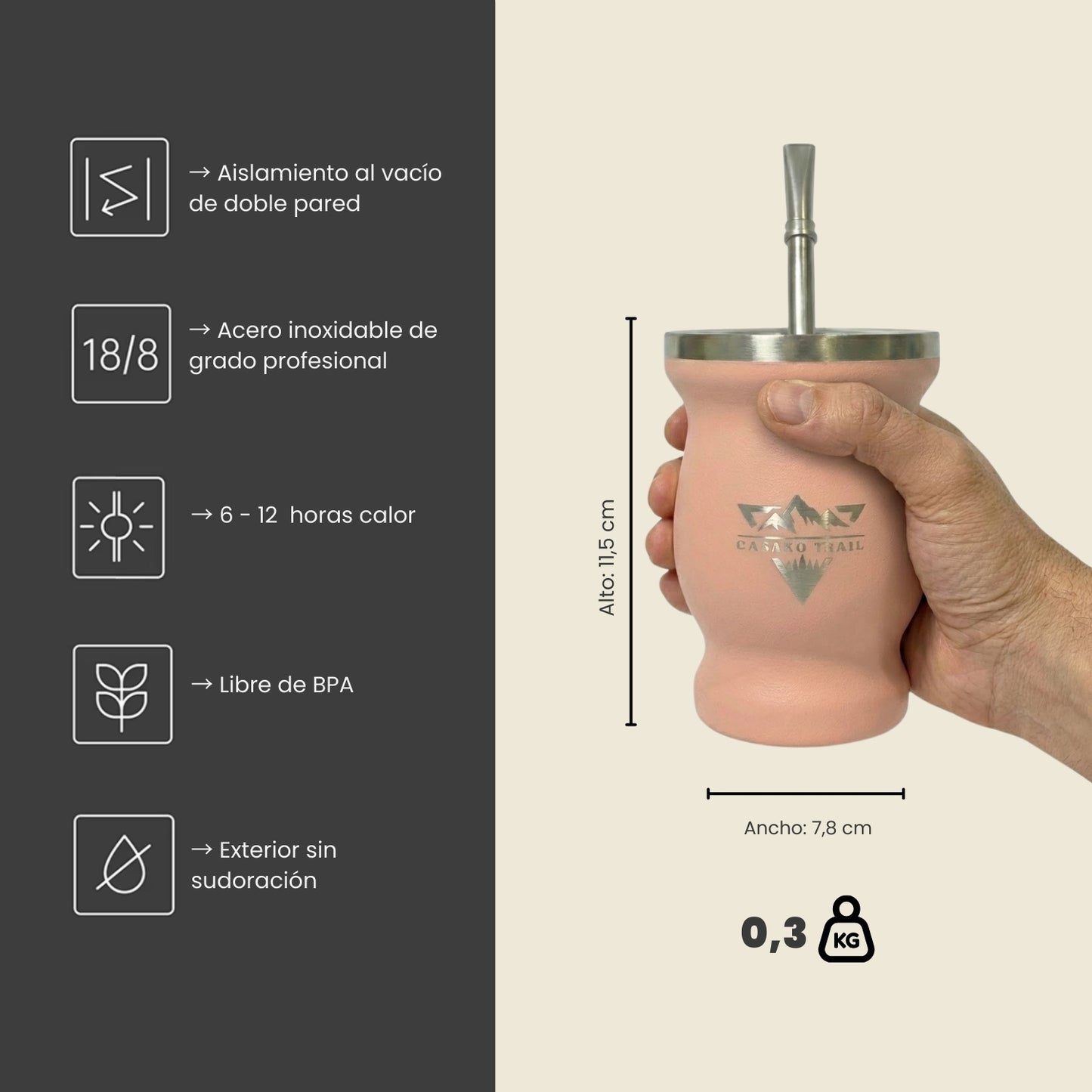 Vaso matero térmico 240 ml con bombilla acero inoxidable Set de 2