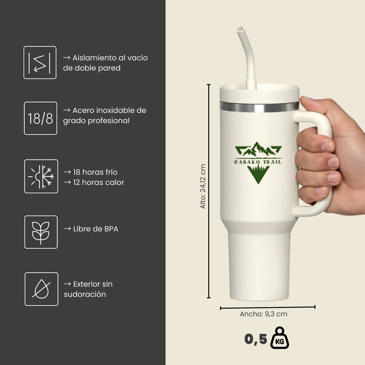 Tumbler térmico 1,2 L con asa y bombilla Trail acero inoxidable Marfil Starlight