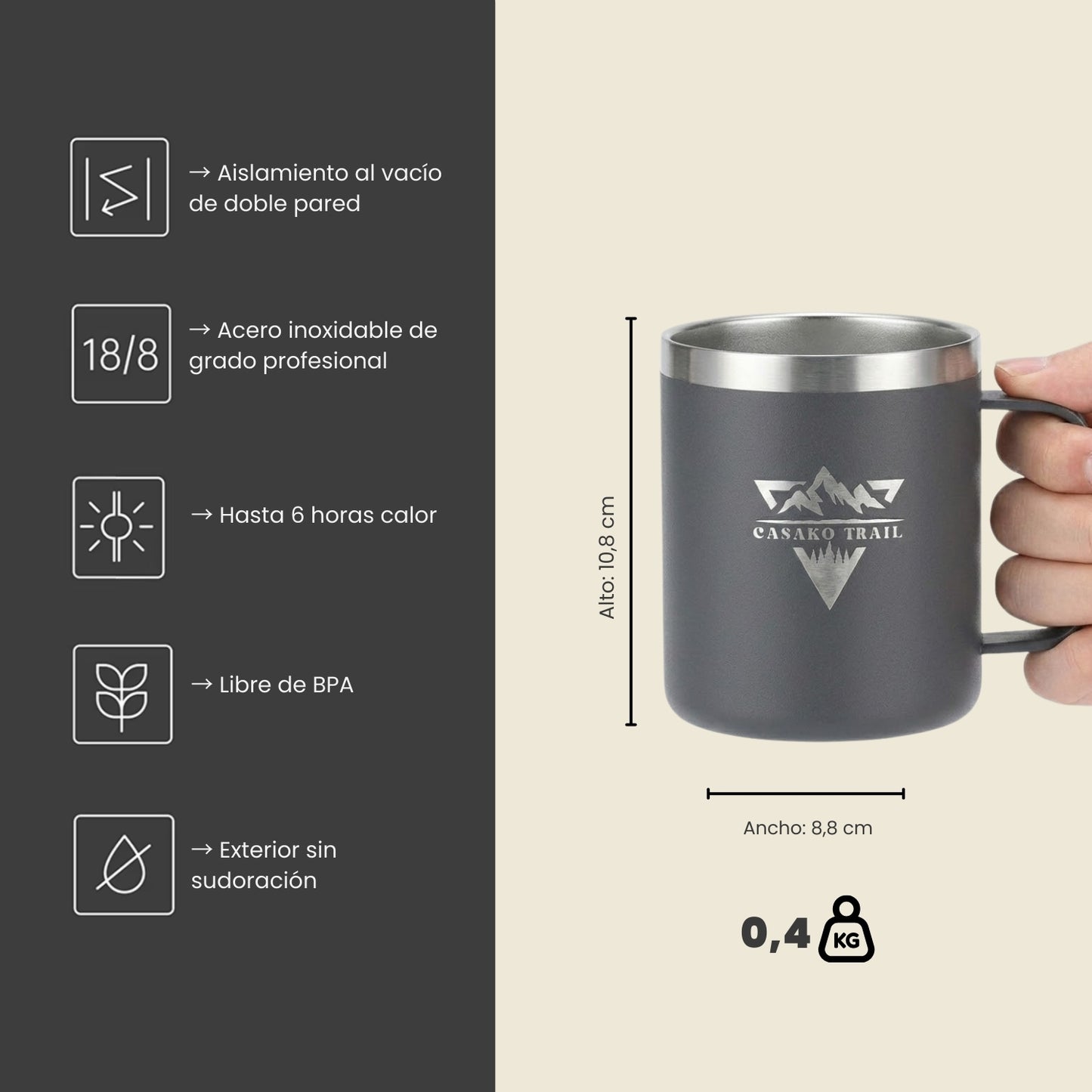 Mug térmico 350 ml Set de 2 Slide Lid acero inoxidable Negro Volcánico