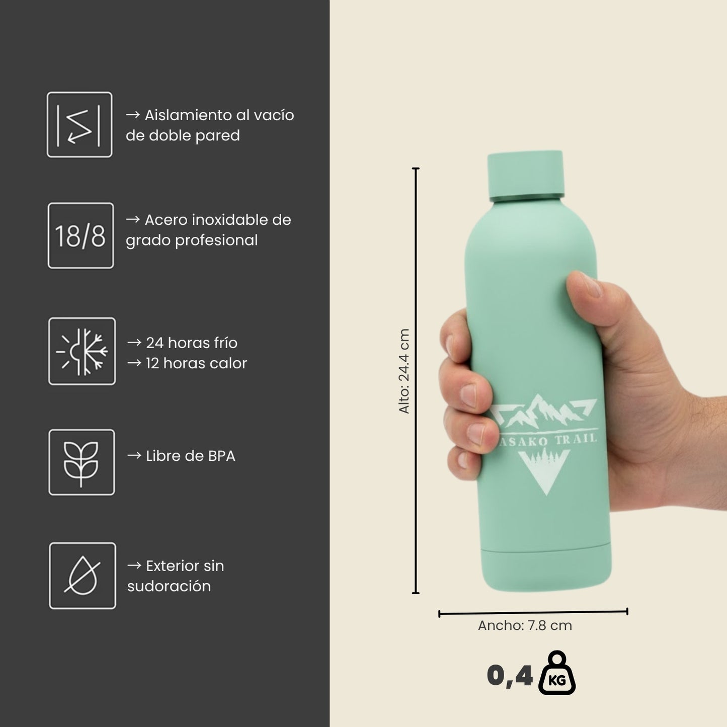 Botella térmica 750 ml deportiva acero inoxidable Verde Patagonia