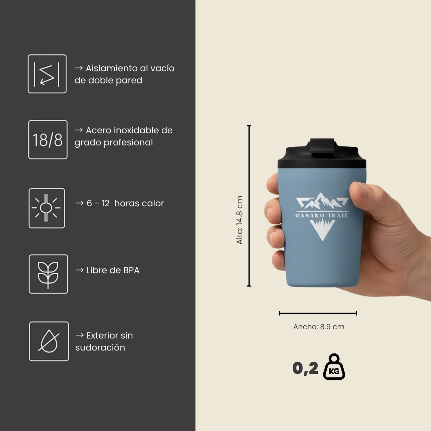 Mug térmico 350 ml Set de 2 para café FlipSeal acero inoxidable