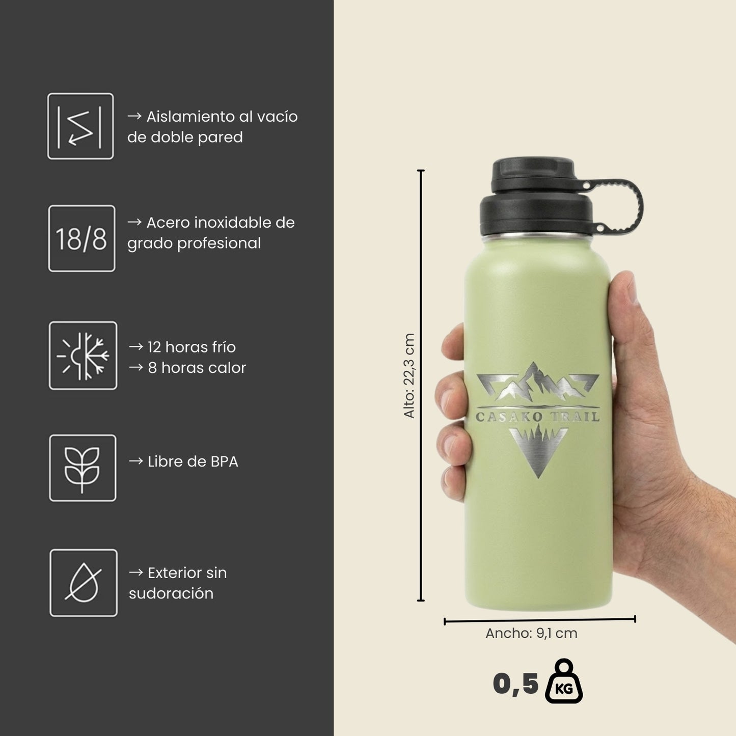 Botella térmica 1 L (950 ml) acero inoxidable Verde Salvia